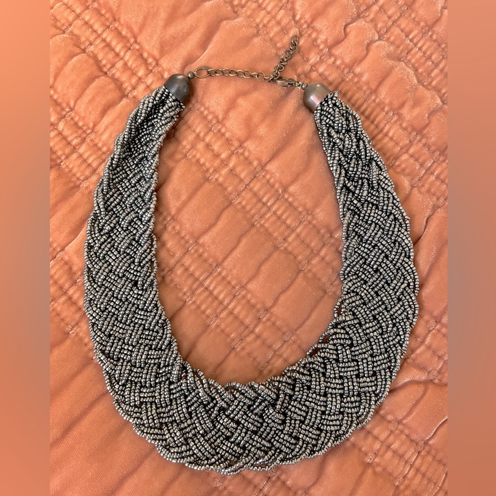 Vintage Heavily Beaded Braided Black Choker Bib Collar Statement Necklace